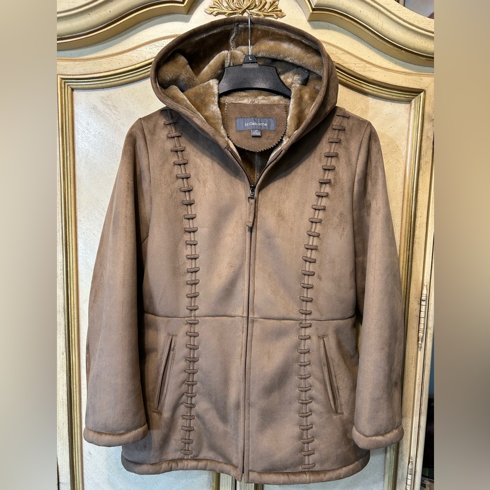 Liz Claiborne Tan Whipstitch Faux Suede Fur Lined Hooded Coat